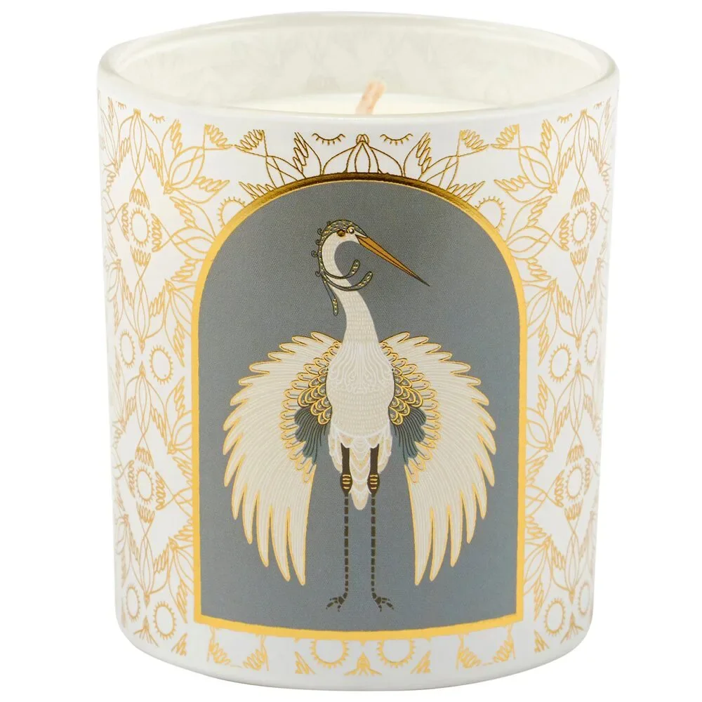 Nouveau Crane Sage Scent Jar Candle | Bird Pattern Metallic Gold Accent Frosted